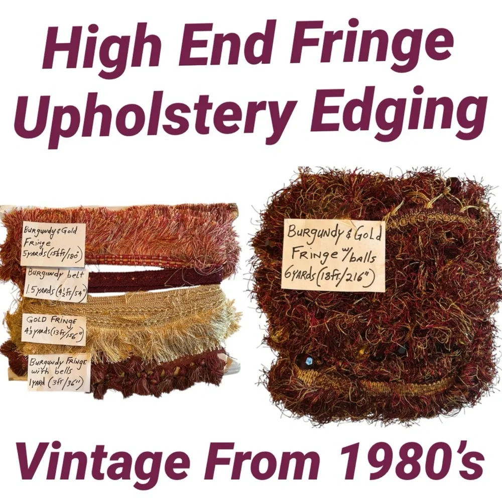 Vintage 1980s Upholstery Fringe Trim Lot Luxury Burgundy Gold Passamenterie DIY